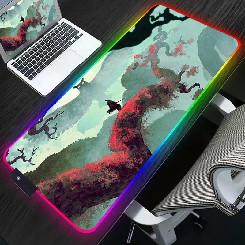 Shadows Die Twice LED Light Desk Mat XXL Computer Mousepad Sekiro 90x40cm Backlight Keyboard Cover Table 18 - Sekiro Shop